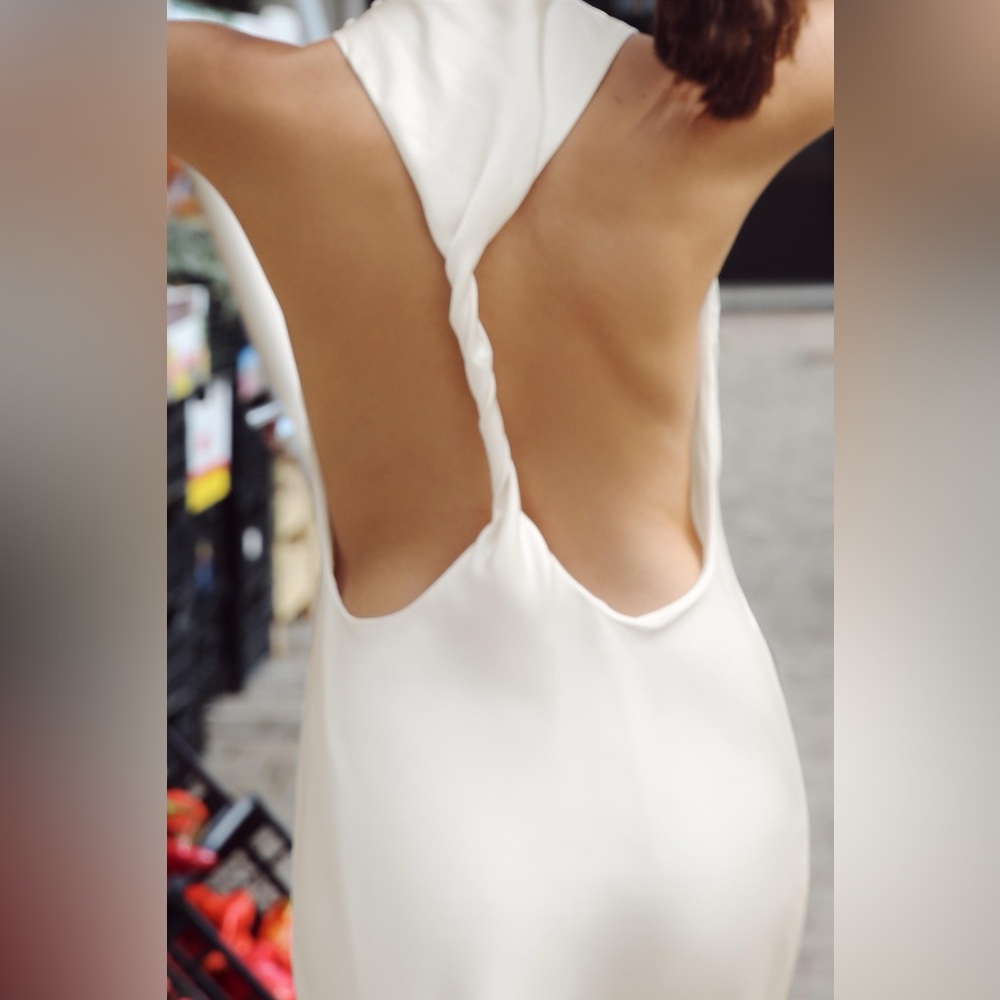 ZARA Ecru Satin Effect Midi goddess dress Open Twist Back Small NEW - Picture 6 of 11